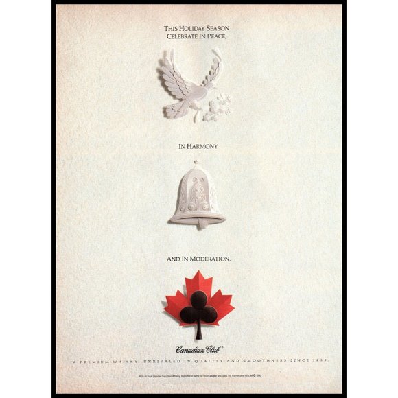1991 Canadian Club Rye Whisky Vintage Print Ad Holiday Dove Bells Wall Art Photo - Picture 1 of 1